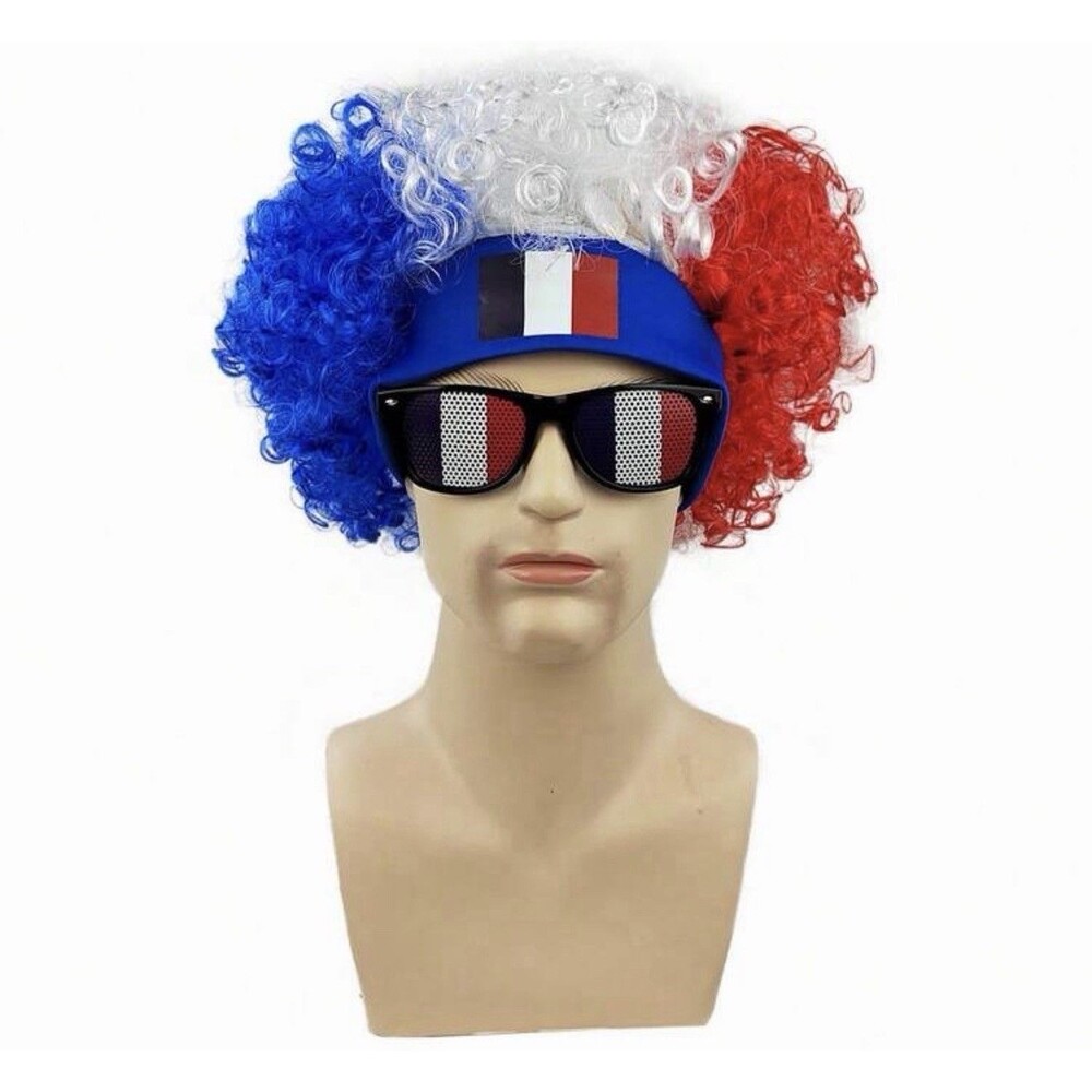 Soccer Match France Flag Color Explosion Hair Wig Fan Hairpiece with glasses